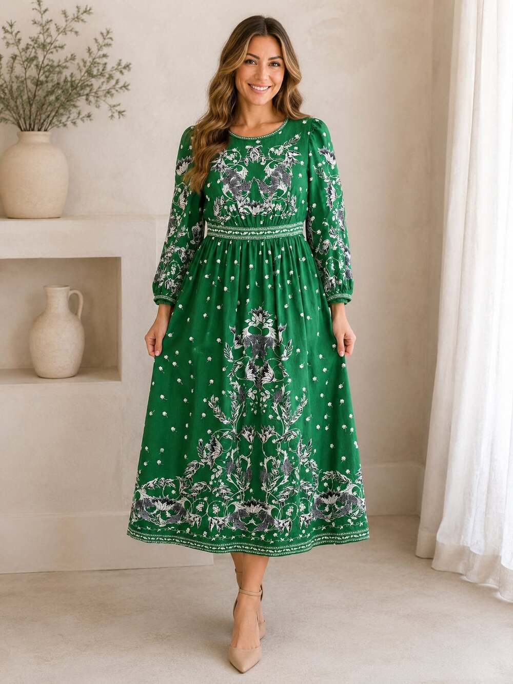 Max Studio London Green Floral Linen Blend Maxi Dress Long Sleeve Boho XS